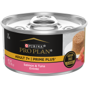 A can of Purina Pro Plan Adult 7+ Prime Plus Salmon & Tuna grain free senior wet cat food.