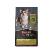 A bag of Purina Pro Plan Weight Management chicken and rice dry dog food.