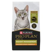 A bag of Pro Plan Adult Weight Management Chicken and Rice Dry Cat Food.