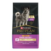A bag of Pro Plan AdvantEDGE 3 in 1 Senior Support Adult Chicken and Rice dry dog food.