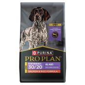 Bag of Purina Pro Plan Sport 30/20 salmon and rice dry dog food.