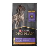 A bag of Purina Pro Plan Veterinary Diets Adult Performance 30/20 Chicken & Rice Formula dry dog food.