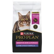 A bag of Purina Pro Plan Sensitive Skin and Stomach Adult Lamb and Rice dry cat food.