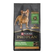 A bag of Purina Pro Plan Small Breed Shredded Blend chicken and rice dry dog food.