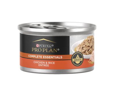 A can of Purina Pro Plan Complete Essentials chicken and rice entree wet cat food.