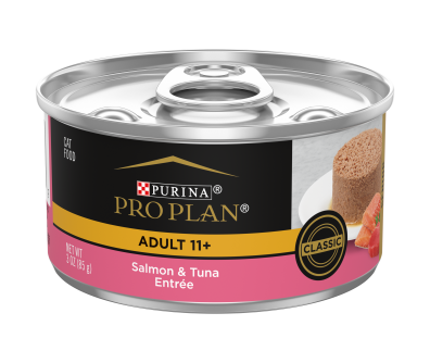 A can of Purina Pro Plan Adult 11+ Salmon & Tuna Entree senior wet cat food.