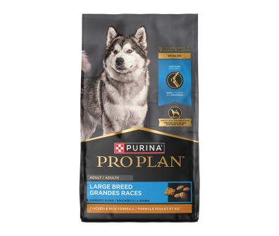 34 lb. bag of Purina Pro Plan Large Breed Shredded Blend chicken and rice dry dog food