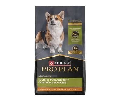 A bag of Purina Pro Plan Weight Management chicken and rice dry dog food.