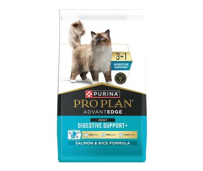 A bag of Pro Plan AdvantEDGE 3 in 1 Digestive Support Salmon and Rice dry cat food.