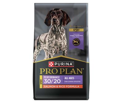 Bag of Purina Pro Plan Sport 30/20 salmon and rice dry dog food.