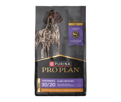 A bag of Purina Pro Plan Veterinary Diets Adult Performance 30/20 Chicken & Rice Formula dry dog food.