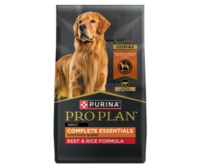 Bag of Purina Pro Plan Complete Essentials beef and rice dry dog food