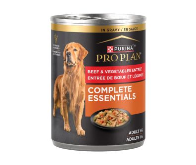 A can of Purina Pro Plan Complete Essentials beef and vegetables wet dog food.