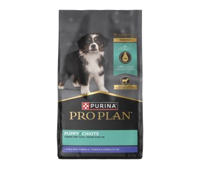 A bag of Purina Pro Plan development lamb and rice dry puppy food.