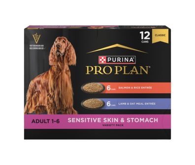12 count Pro Plan Sensitive Skin and Stomach Salmon or Lamb wet dog food variety pack.