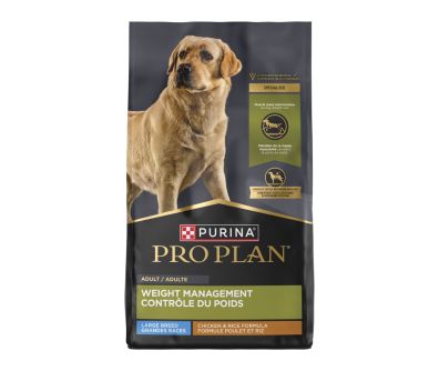 A bag of Purina Pro Plan Large Breed Weight Management Chicken and Rice Formula dry dog food.